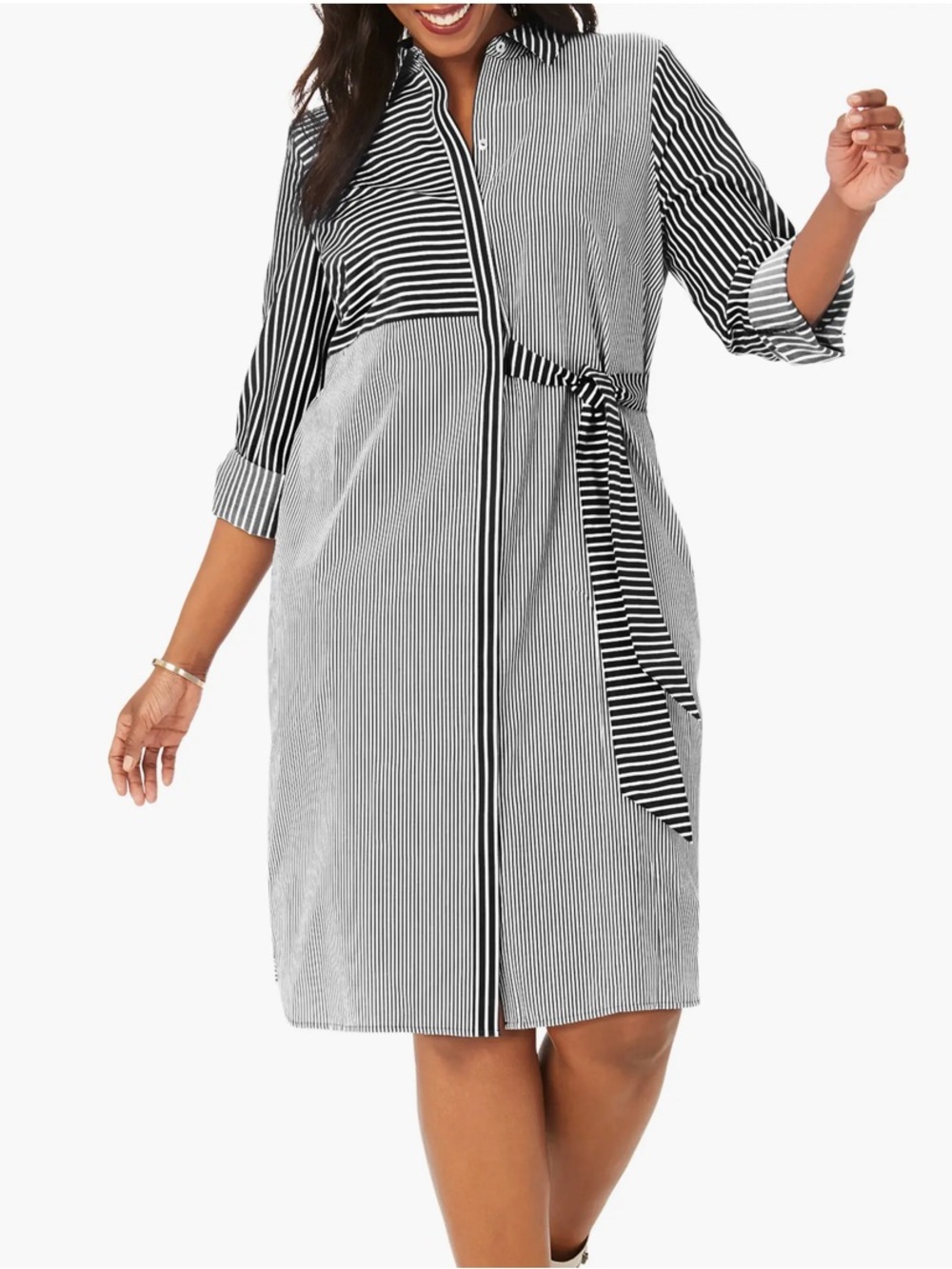 Foxcroft Black & White Striped Shirt Dress with Tie | 6
